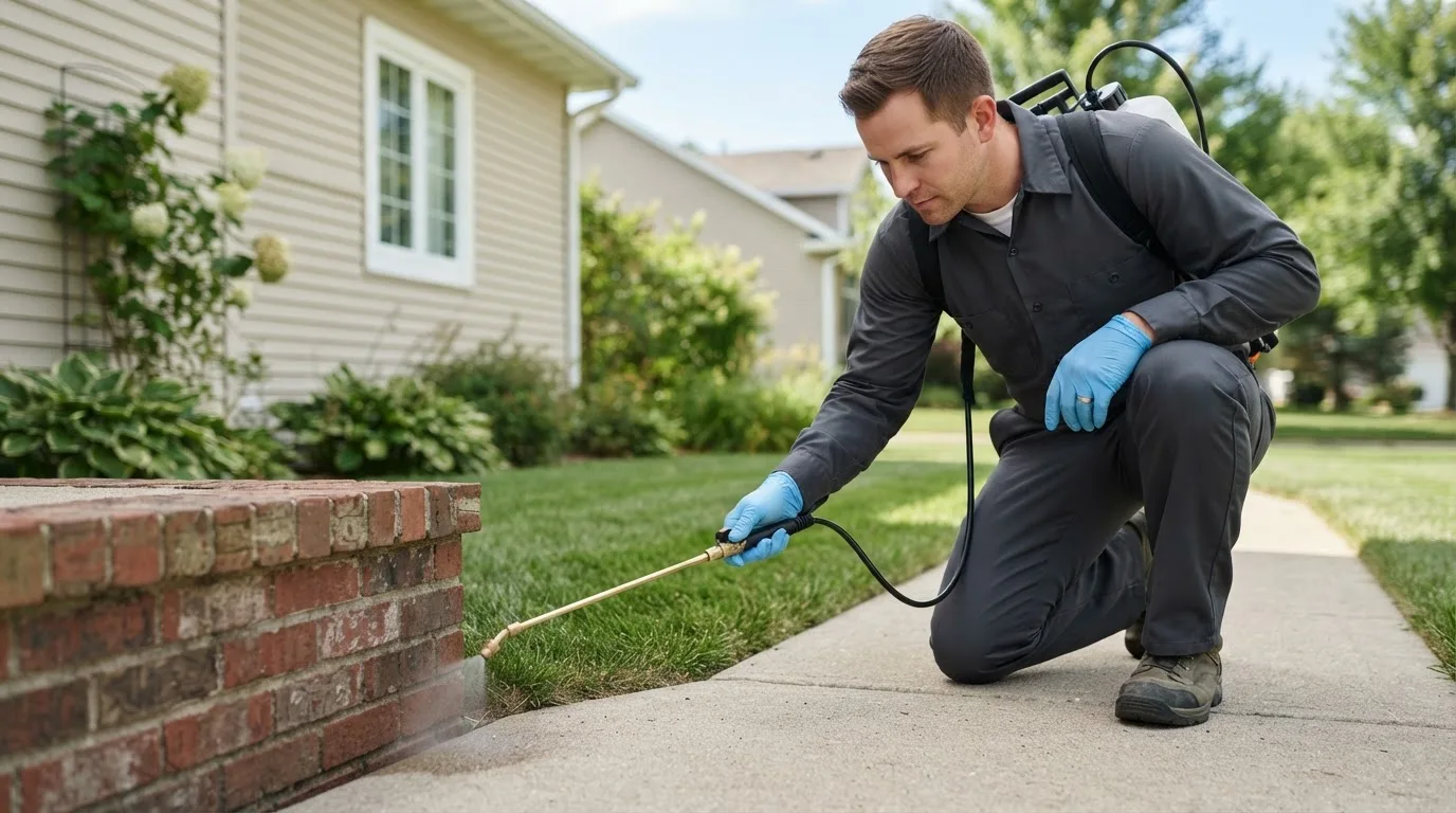 Pest control technician treating a home near Far Rockaway, NY